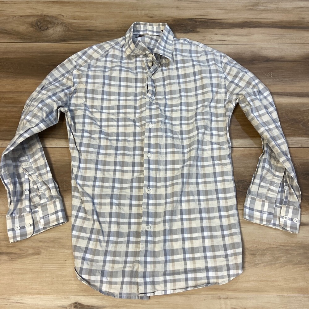 Perry Ellis Button Down Shirt XL Plaid 100% Cotton Long Sleeve Gray Tan White